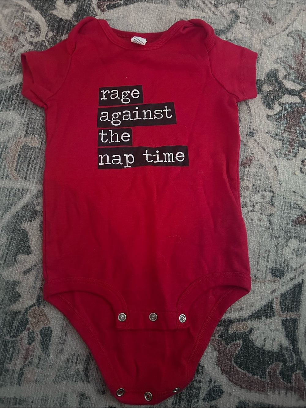 Delta Red Baby One-Piece Bodysuit with 'rage against the nap time' Graphic